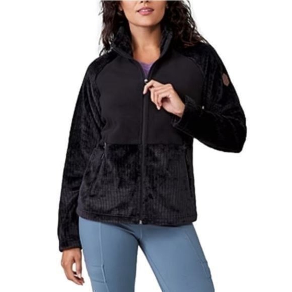 Free Country black Fleece Jacket Full Zip Black Velvet Trim Cozy Warm Womens 3X
